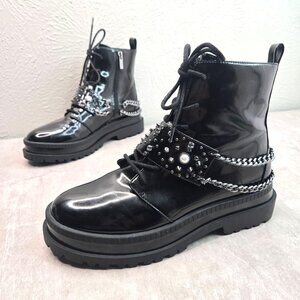 Lace Up Combat Booties Black Patent Stud Spike Goth Grunge Platform Hiker Boots